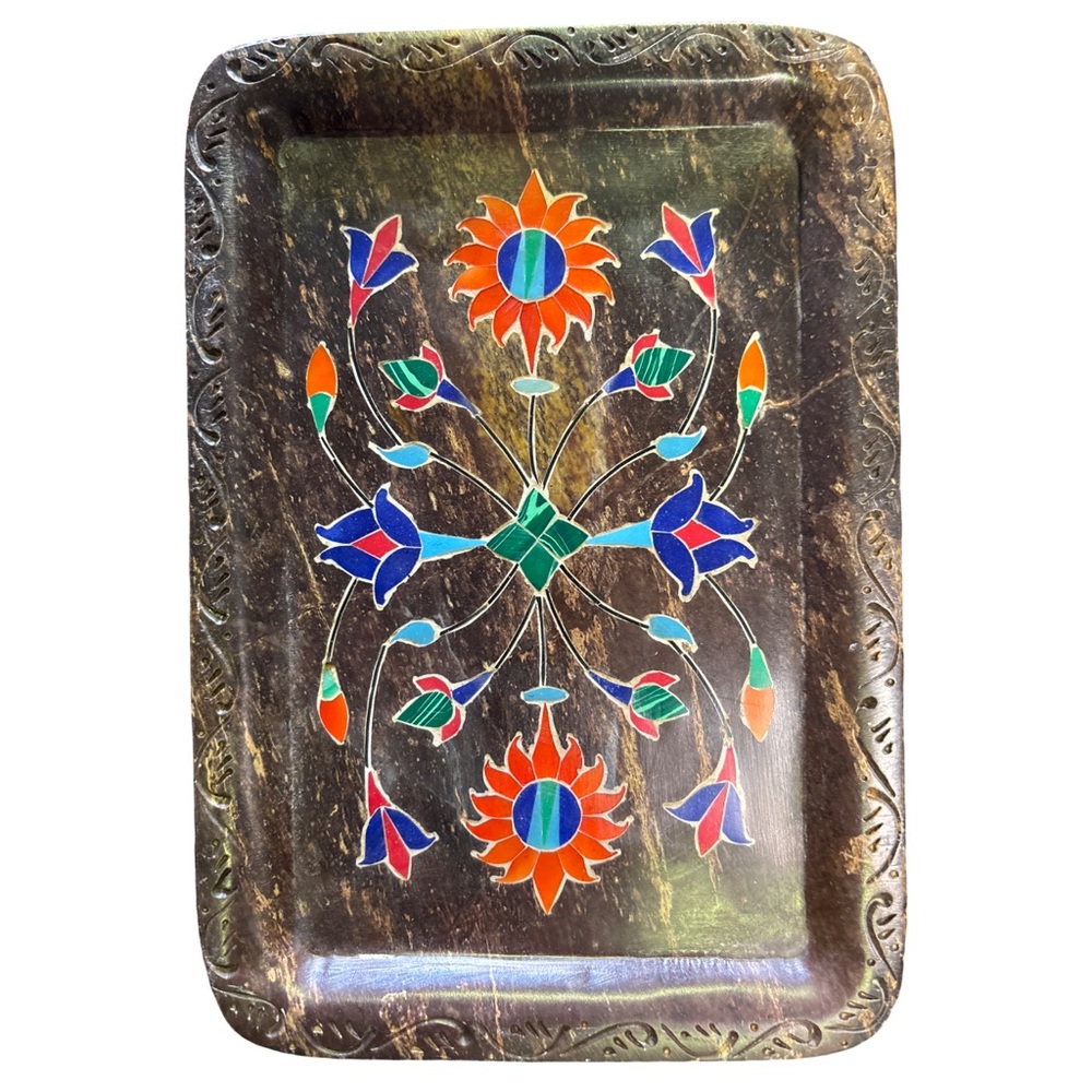 Handmade Inlay Stone Tray – Crafted in India (Like the Taj Mahal)